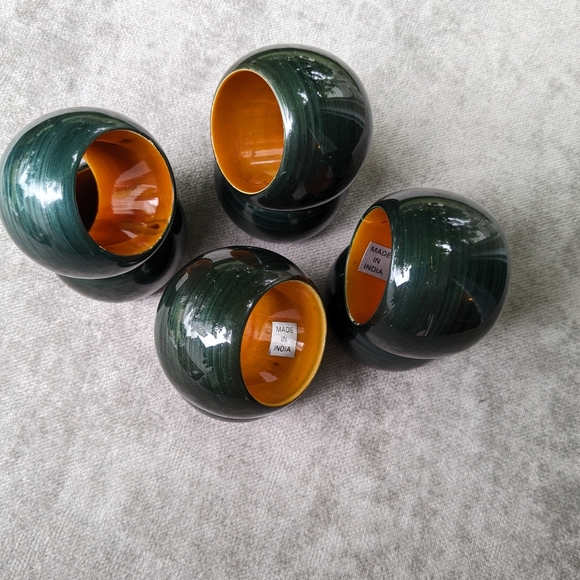 Vintage Wooden Lacquered Napkin Rings Set 8 Evergreen Striped Made In India EUC - Picture 4 of 11